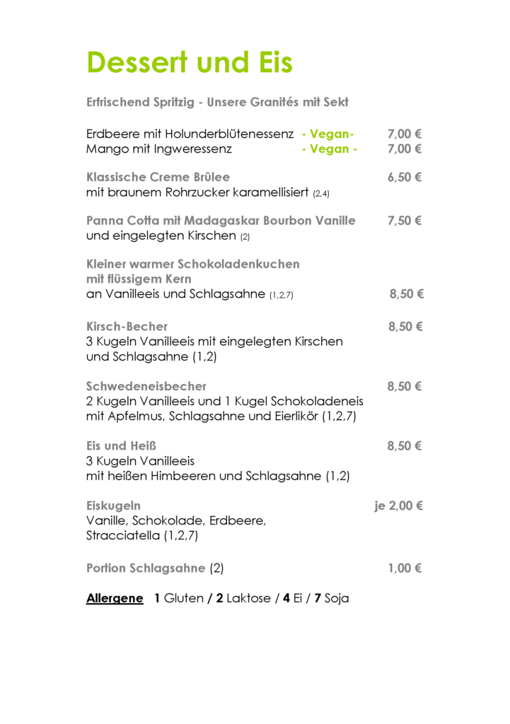 Dessertkarte Hotel Der Wilde Schwan