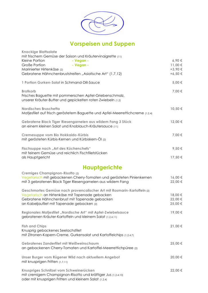 Speisekarte Restaurant Der Wilde Schwan Insel Rügen